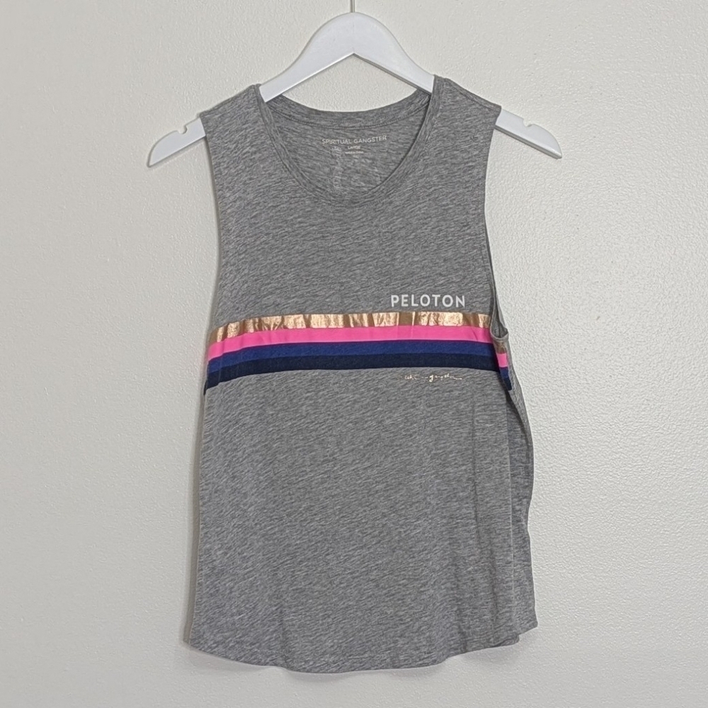 Spiritual Gangster Tank Large Gray Stripes Peloton Muscle Work Out